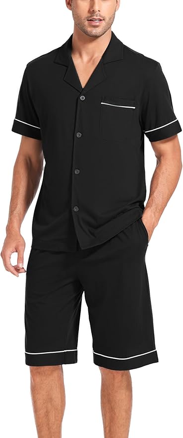 COLORFULLEAF Men's 100% Cotton Short Sleeve Pajama Sets Button Down Notched Collar Sleepwear Soft Lounge Pjs with Pockets