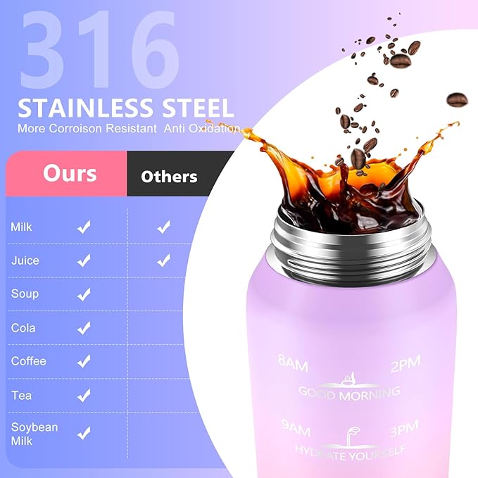 316 Stainless Steel Insulated Water Bottle 32oz with Handle, 1L Double Wall Insulated Bottle with Time Marker BPA Free, 1000ml Metal Water Flask for Outdoor Working School PURPLE PINK