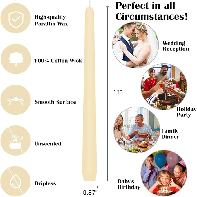 7 Packs Light Yellow Taper Candles, Unscented Smokeless Non-Toxic 10 Inch Tall Skinny Wax Candlesticks with Cotton Wicks for Burning Approxinately 7-8 Hours Time