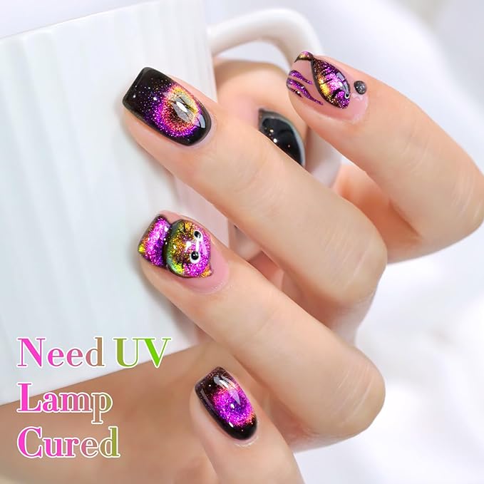 Double Rhythm Cat Eye Gel Polish with Magnet 15ML Holographic Glitter Shimmer Translucent Sheer Color Glass Magnetic Gel Polish Salon DIY at Home (Orange Pink-MC1051)