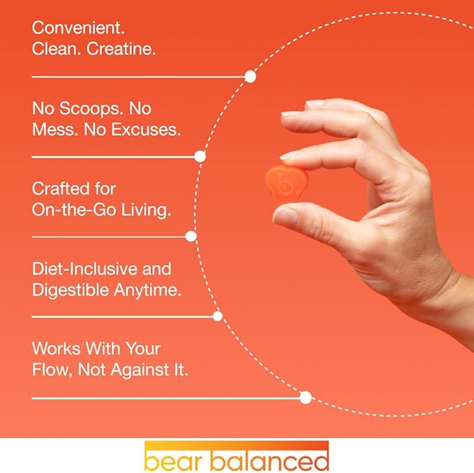 Bear Balanced Creatine Gummies for Men & Women - Creapure® Creatine Monohydrate, L-Theanine, L-Tyrosine & B12 for Muscle Growth, Strength, Focus, Energy & Health - Low Calorie, Sugar-Free, & Vegan