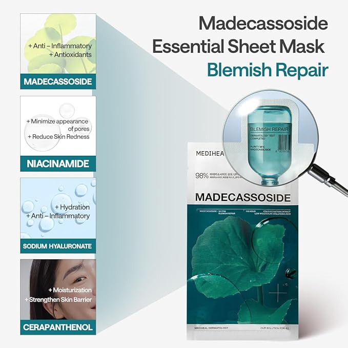 Mediheal Essential Mask (10pcs, Madecassoside) 98% Purity Madecassoside & Hyaluronic Acid Included. Enhancing Moisture Barrier & Skin Texture Care. Vegan Formula Sheet Mask