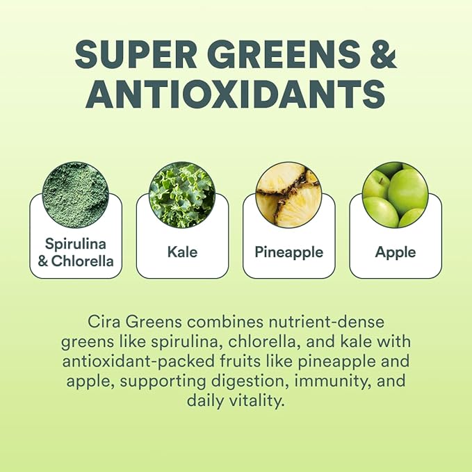 Cira Daily Greens - Naturally Sweetened, Organic Spirulina Superfood Powder with Premium, Antioxidant-Rich Ingredients for Debloating, Digestion, & Energy - Mango, 30 Servings