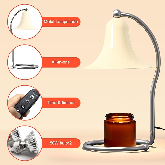 Candle Warmer Lamp for Jar Candles,with Timer and Dimmer,Adjustable Brightness,All Metal Lamp Body,Suitable of Aromatherapy Waxes White Trumpet-Shape