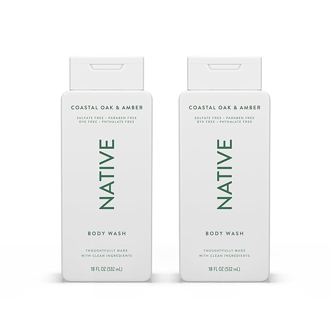 Native Body Wash Contains Naturally Derived Ingredients | For Women & Men, Sulfate, Paraben, & Dye Free Leaving Skin Soft and Hydrating | Coastal Oak & Amber 18 oz - 2 Pk