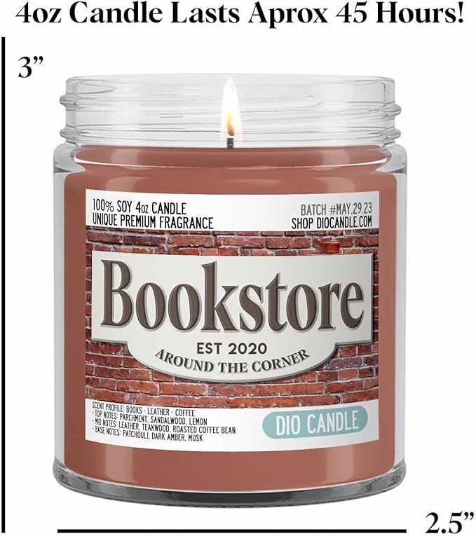 Bookstore Scented Candle - Smells Like Books - Leather - Coffees - 100% Naturally Vegan Soy and Premium Fragrance | Great Gift | Recyclable Glass Jar | Handmade in Denver, Colorado (4oz Glass Jar)