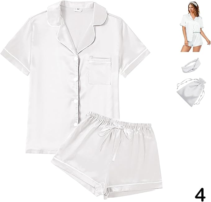 4Pcs Womens Satin Silky Pajama Sets Short Sleeve Shirt XS-4XL Floral Pajamas Set Soft PJ Loungewear Sleepwear