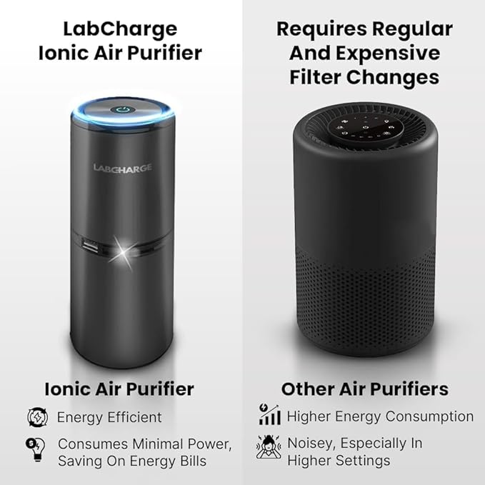 Lab Charge Small Ionic Air Purifier for Home & Bedroom – Silent HEPA Filter – Covers 250 Sq Ft - Free Cleaner for Pets, Hair, Smoke, Dust, Odors & Dander – Compact & Black Design - Pack of 4