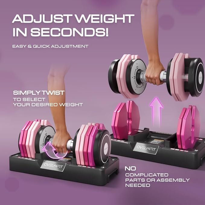 OVELY4YFIT Adjustable Dumbbell, 5-in-1 Weight Options (4.5-22.5LB), Quick 1-Second Weight Adjustment, Anti-Slip Metal Handle, Compact Design with Pink Gradient Plates, Perfect for Women & Home Gym Workouts