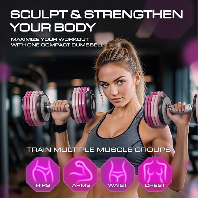 OVELY4YFIT Adjustable Dumbbell, 5-in-1 Weight Options (4.5-22.5LB), Quick 1-Second Weight Adjustment, Anti-Slip Metal Handle, Compact Design with Pink Gradient Plates, Perfect for Women & Home Gym Workouts