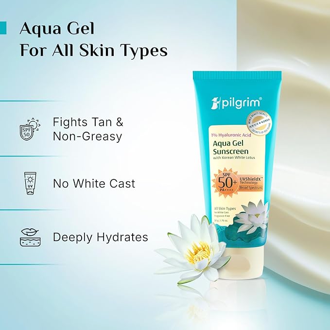 Pilgrim 1% Hyaluronic Acid Sunscreen Gel SPF 50 PA+++ | Broad Spectrum UVA/UVB & Blue Light Protection | Lightweight, Non-Greasy, Fast-Absorbing, Hydrating Aqua Gel | Face & Body | 1.76 Oz (50gm)