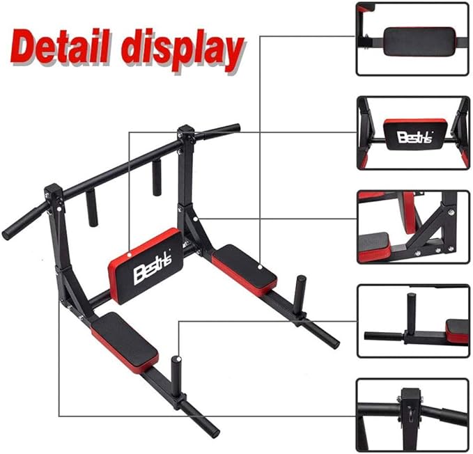 BESTHLS Wall Mounted Pull Up Bar and Dip Station, Heavy Duty Wall Mount Pull-up Chin Up Bar Multifunctional Home Gym Workout Indoor Exercise Equipment Support to 440 Lbs