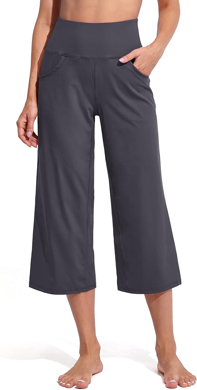 Promover Capri Pants for Women Wide Leg Yoga Cropped Pants with Pockets Loose Casual Summer Pants