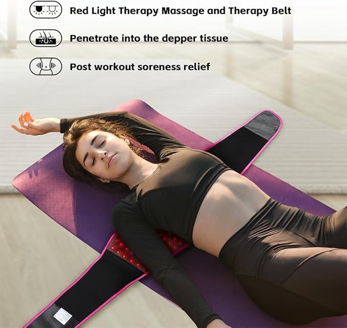 SHINE WELL Back Massager Belt for Pain Relief, Red Light Therapy Massage Belt with 3 Heat Levels and Vibrating, Lower Back Massager FSA Eligible,Battery Powered