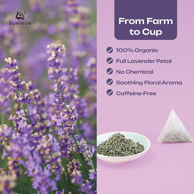 Suwirun Organic Lavender Tea 25 Bags โ 100% Lavender Flowers โ Aromatic & Calming, Caffeine-Free โ Supports Stress Relief, Relaxation & Better Sleep