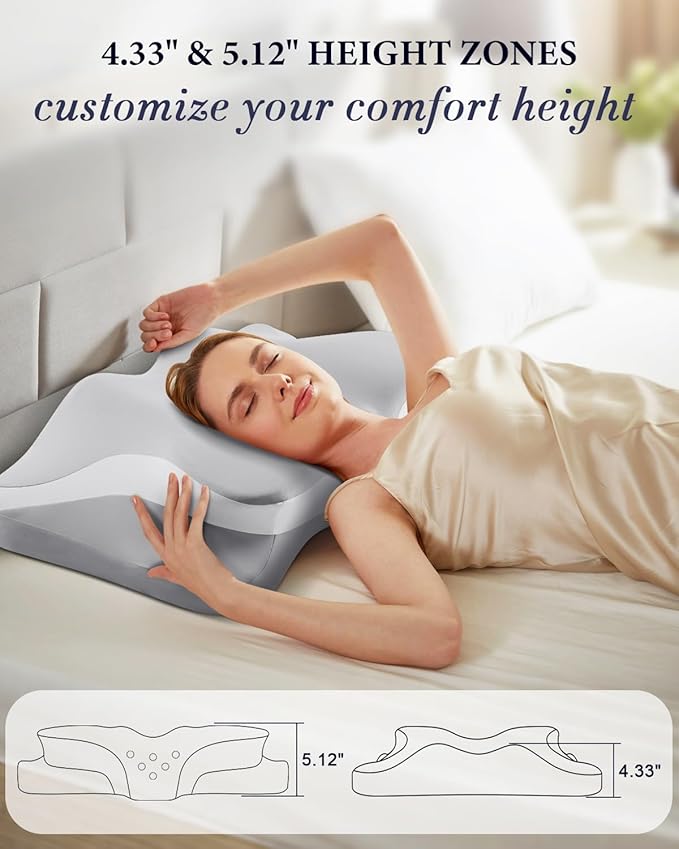 Cervical Neck Pillow for Pain Relief, Cooling Ergonomic Memory Foam Pillows for Sleeping with Luxury Breathable Pillowcase, Contour Orthopedic Neck Support Pillow for Side Back Stomach Sleepers-Grey