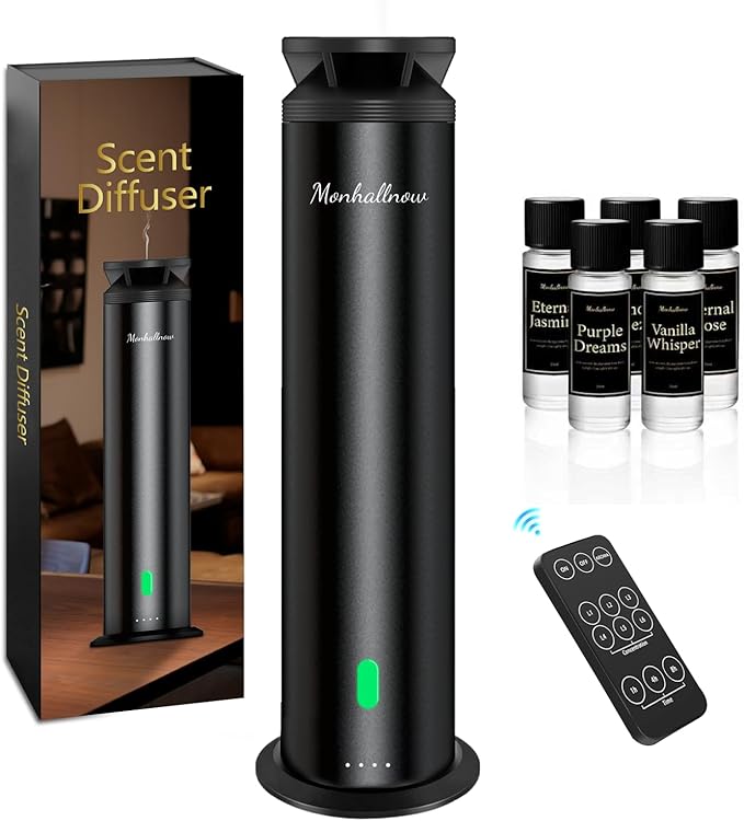 Waterless Scent Diffuser Starter Kit - 1000 Sq Ft Coverage, Essential Oil Diffuser for Home, Hotel & Office, Included 5 Scent Oils, Remote Control, Aromatherapy Diffuser, Ultra Black