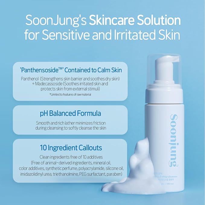 ETUDE Soonjung pH 6.5 Whip Cleanser, Face Wash for Sensitive Skin, Soft Bubble, Hypoallergenic Cleansing, Low pH Level, Fragrance-Free, Panthenol, Madecassoside, Korean Skin Care, Beauty (5.07 Fl Oz)
