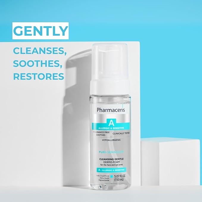 Pharmaceris Soothing Cleansing Foam, Face & Eye Cleanser, Face Wash Gently Removes Makeup & SPF, Helps Hydrate & Strengthen Sensitive Skin, Ultra-Gentle Hypoallergenic, PURI-SENSILIUM, 5.07 fl oz