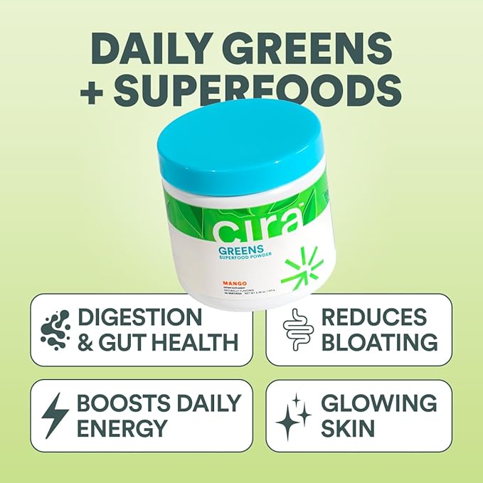 Cira Daily Greens - Naturally Sweetened, Organic Spirulina Superfood Powder with Premium, Antioxidant-Rich Ingredients for Debloating, Digestion, & Energy - Mango, 30 Servings