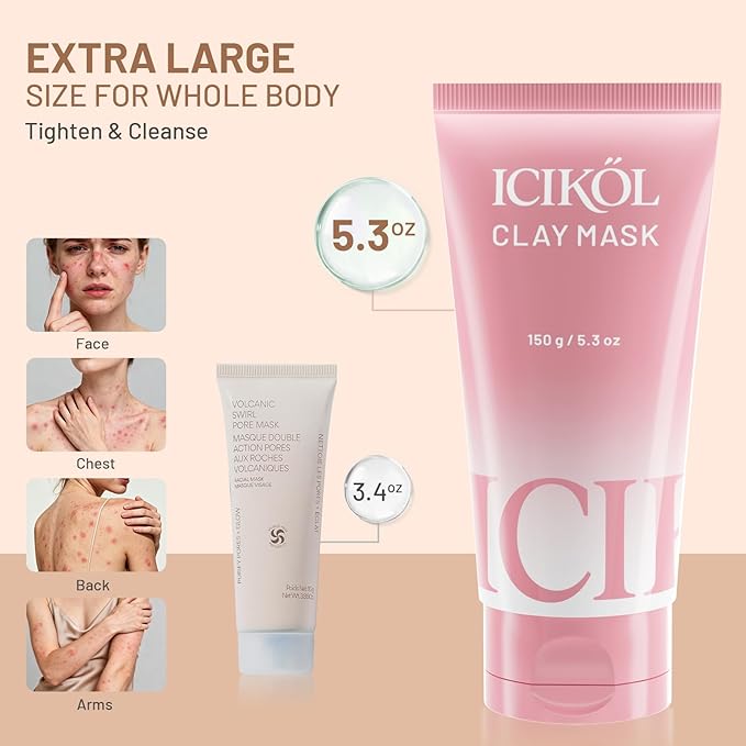 Large Pore Minimize Clay Mask, Mud Facial Mask with Sea Silt & HA - Canada Glacial Clay for Cleansing - Tightening - Pore-Purifying with Brush - Glass Skin Care Gift for Women Men, Red, 5.3 oz