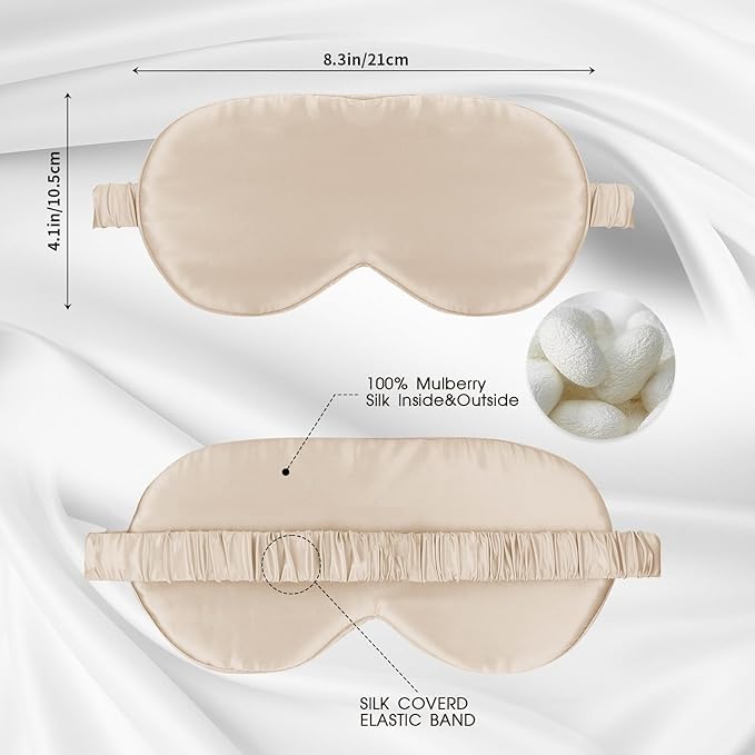 Soft Real Silk Light Blocking Cooling Sleep Eye Mask for Women/Men/Travel/Airplane,Beige