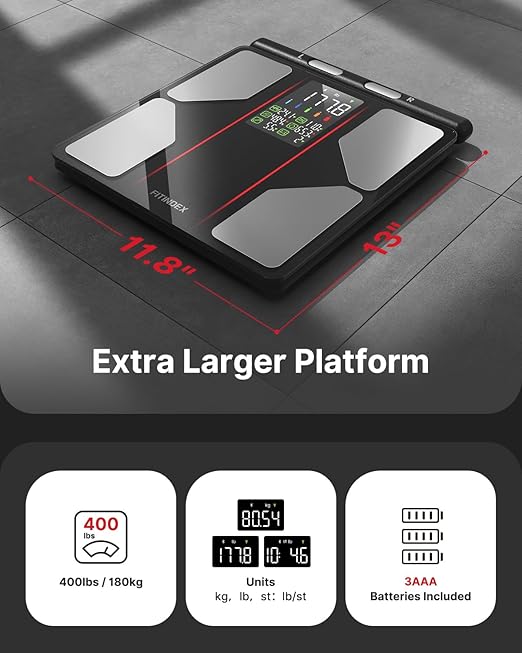 FITINDEX Smart Scale for Body Weight, Body Composition Analyzer with 8-Electrode Large Platform for Weight, BMI, Fat, Muscle Mass, Segmental Muscle Analysis, High Precision, 400 lbs