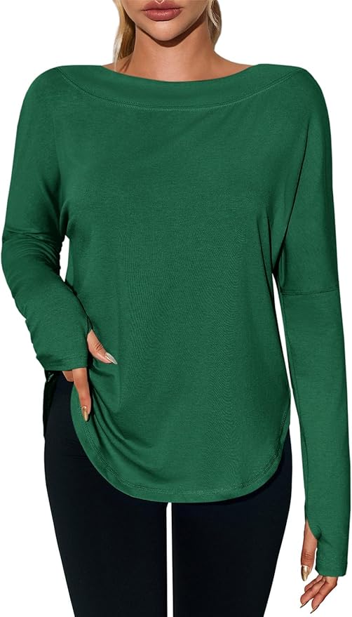 Tankaneo Womens Open Back Workout Shirts Casual Long Sleeve Boat Neck Tops Athletic Gym Yoga Tees with Thumb Holes