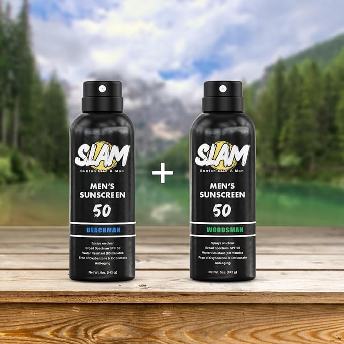 SLAM WoodsMan & BeachMan Bundle - Men's Scented Sunscreen, Sunscreen Spray, Water Resistant, Paraben Free, Broad Spectrum UVA/UVB (Large, 50, Sun Protection Factor (SPF))