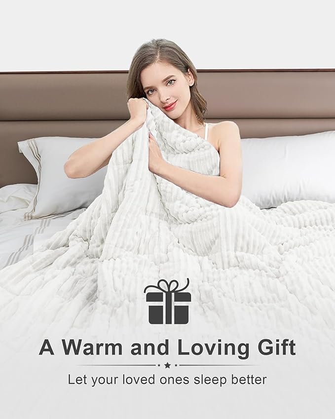 Sherpa Fleece Adult Weighted Blankets 20lbs with Ribbed Stripes, Dual Sided Fuzzy Warm Blanket for Couch Bed Sofa, Heavy Thick Blankets with Ceramic Beads Great for Sleep, White, 60" x 80"