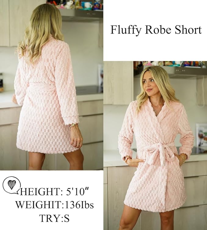 Ekouaer Women's Robes Short Plush Bathrobe Knee Length Warm Soft Jacquard Robe Winter House Coat with Pockets S-XXL