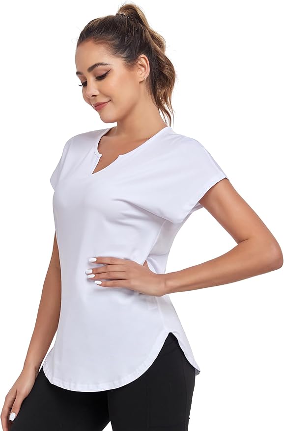Women's Short Sleeve Workout Shirts V Neck Exercise Yoga Basic Top Quick Dry Side Split