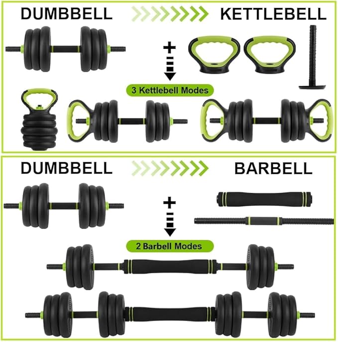 Adjustable Dumbbell Set, 30/44/66/88Lbs Free Weight Set with Connector, 4 In1 Dumbbells Set Used As Barbell, Kettlebells, Push Up Stand,Green and Black