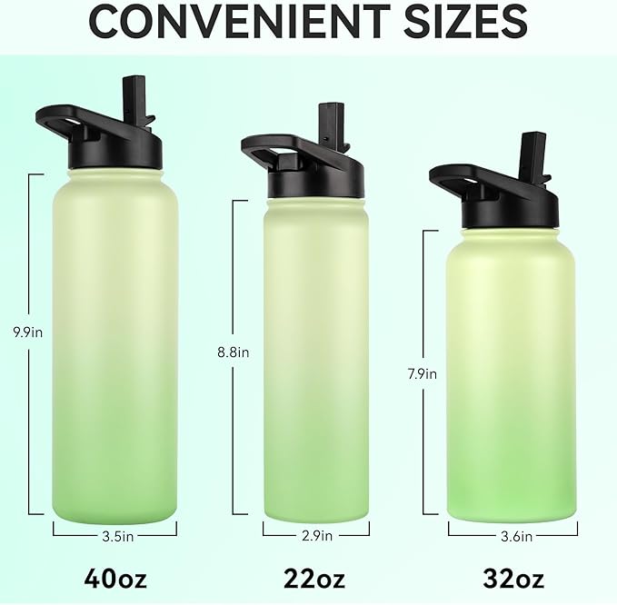 DOMICARE Insulated Water Bottle, 22 oz Vacuum Insulated Stainless Steel Reusable Sports Bottle with Straw Lid & Spout Lid for Travel, Camping, Bike, Leakproof, Green Gradient, 8 Pack