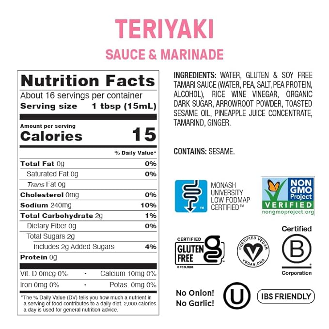 Fody Foods No Soy Teriyaki Sauce & Marinade, 8.5 Oz, Garlic and Onion Free, Low FODMAP Certified, Gut & IBS Friendly, Vegan, Non-GMO, Gluten Free, Keto Friendly