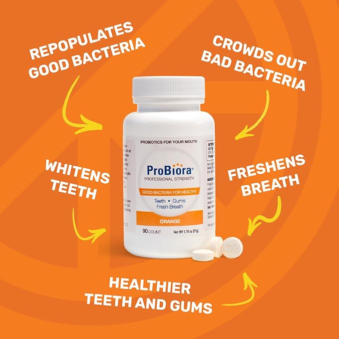 ProBiora Professional Strength Oral Probiotics for Teeth and Gums | Dental Probiotic for Oral Health | Bad Breath Treatment for Adults | Tooth Whitening | ProBiora3 Probiotic Blend | 90 Orange Tablets