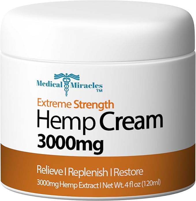 Medical Miracles Hemp Relief Cream - Ideal for Arthritis, Neuropathy, Muscles, Joints, Neck, Back, Elbows, Hands, Feet, and Knees - Proudly Made in USA (3000mg)