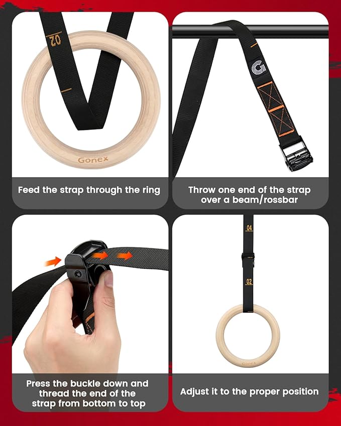 Gonex Wooden Gymnastic Rings with Adjustable Number Straps, Olympic Rings for Gym, Workout, Exercise, Outdoor Training, Quick Install Carabiner, 8.5 ft Straps Pull Up Non-Slip Rings