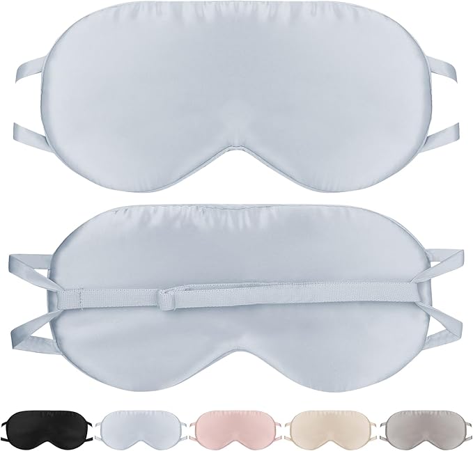 Silk Eye Mask for Sleep with Adjustable Strap for Women/Men/Adults Large 100% Mulberry Silk Sleeping Mask for Travel/Plane/Side Sleeper,Light Blue
