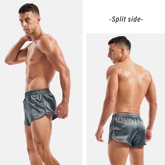 AMY COULEE Mens Satin Shorts Silk Boxers Sexy Split Side Lounge Shorts 3 Inch Pajama bottoms