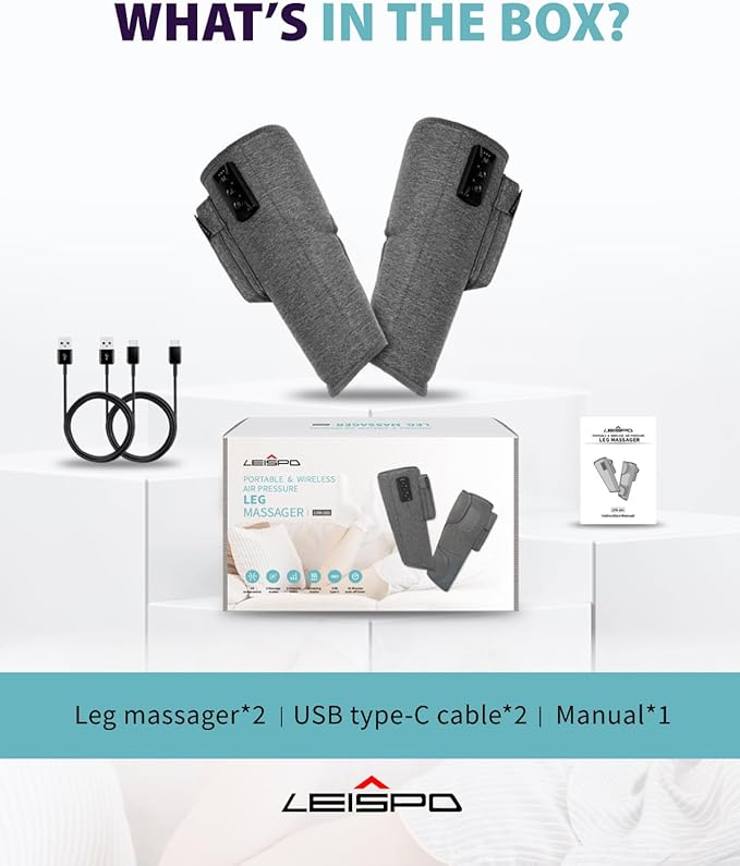 Wireless Leg Massager - Air Compression Cordless Calf Massager with Heat for Circulation, Pain Relief, and Recovery, 4 Modes & 3 Intensities, Portable and Adjustable (Gray, Set of 2)
