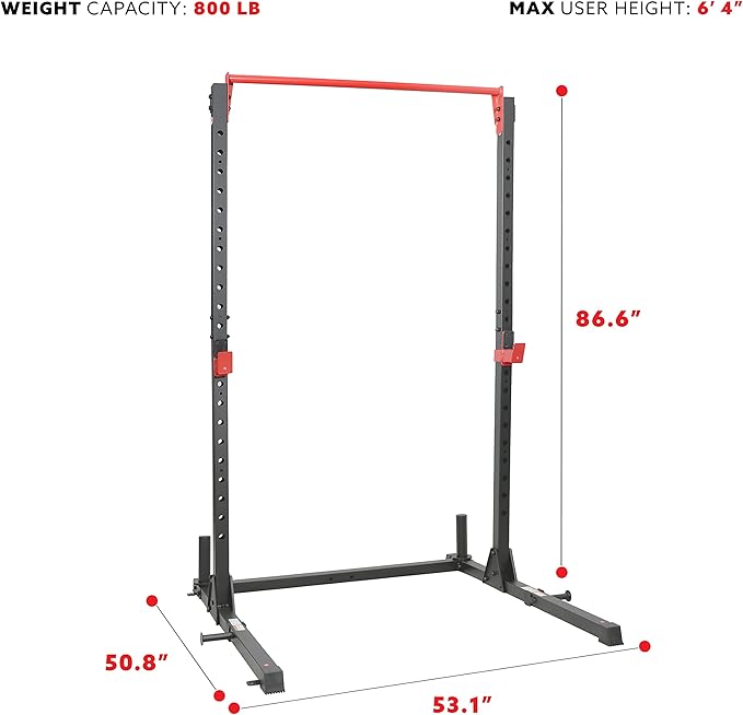 Sunny Health & Fitness Power Cage and Squat Rack In High Weight Capacity with J-Hooks, Adjustable Pull Up Bar, Weight Plate Holders, Resistance Band Posts
