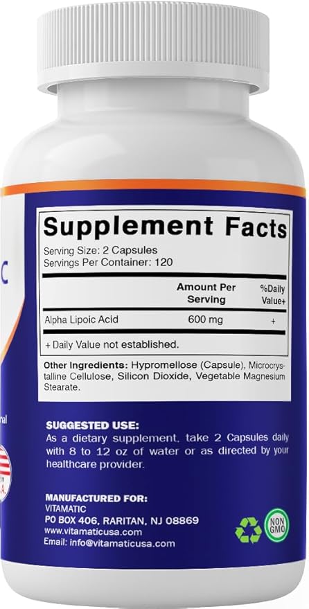 Vitamatic Alpha Lipoic Acid (ALA) 600mg Per Serving - 240 Vegetable Capsules - 120 Servings - Non-GMO & Gluten Free (Pack of 2)