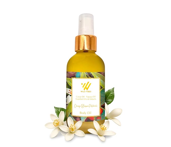 Wild Vibes Orange Blossom Patchouli Organic Luxury Body Oil with Tropical Oils & Lupin Extract – Fast Absorbing Oil for Skin with Floral Scent – After Shower Care for Women 4 oz