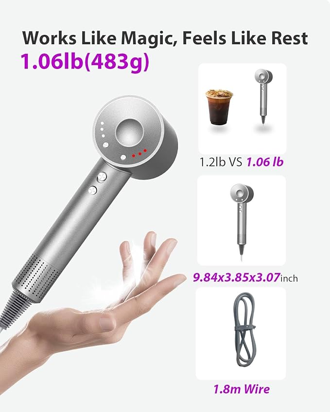 Hair Dryer, 3 Min Fast Drying-160000 RPM Professional High Speed Blow Dryer 200 Millions Negative Ionic Care Hair Dryer, Low Noise Thermo-Control Hairdryer, Travel with Magnetic Nozzle, Gray