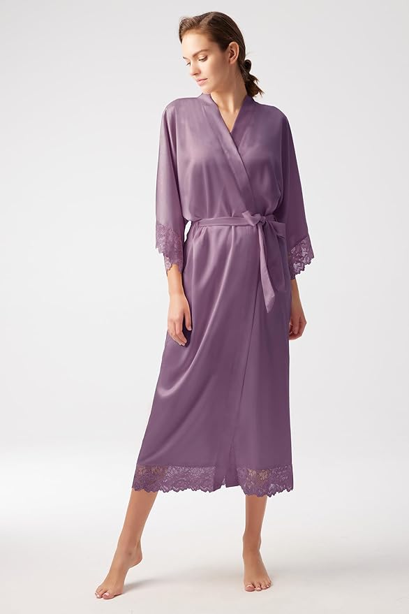 BABEYOND Satin Kimono Robe Silky Long Bridesmaid Wedding Lightweight Bath Robe with Lace Trim