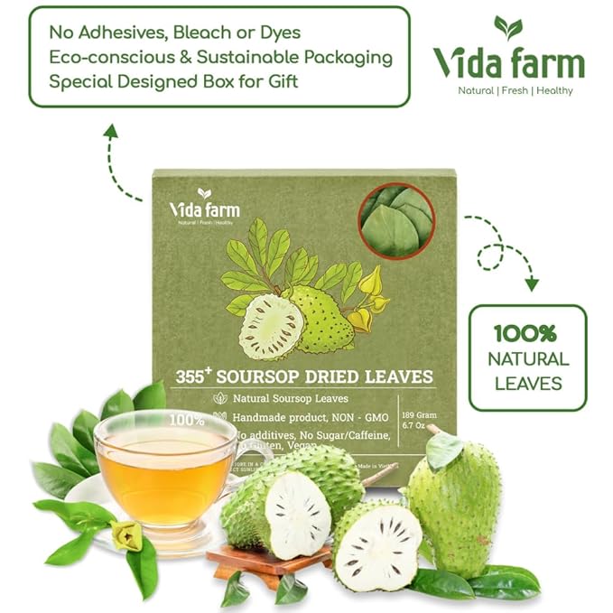 VIDA FARM 355+ Dried Soursop Tea Leaves, Natural Whole Dried Soursop Leaves Graviola, Hojas de Guanabana Para Te Guanabana Leaf Herbal Tea