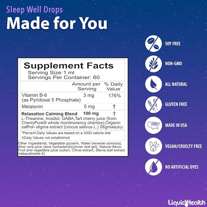 LIQUIDHEALTH Sleep Well Natural Sleep Aid Melatonin Drops - Better Sleep & Mood, Relax & Calm Mind, Fall Asleep Faster Stay Asleep Longer - Made in USA, Vegan, Sugar Free, Drug Free, Non-GMO (3 Pack)