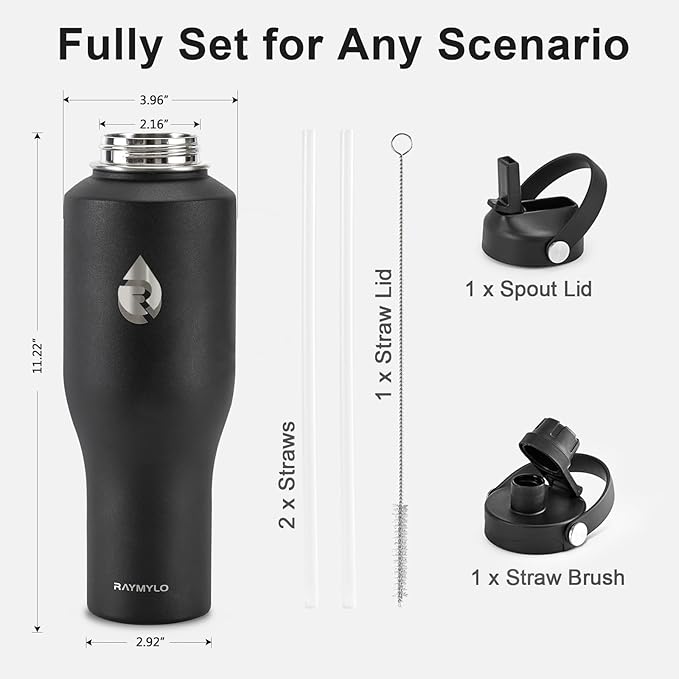 40 oz Insulated Water Bottle with Straw fit in Car Cup Holder, Triple Wall Vacuum Stainless Steel(Cold 48 hrs, Hot 24 hrs), Leakproof & Non-BPA, Hydro Travel Flask with Straw and Spout Lid