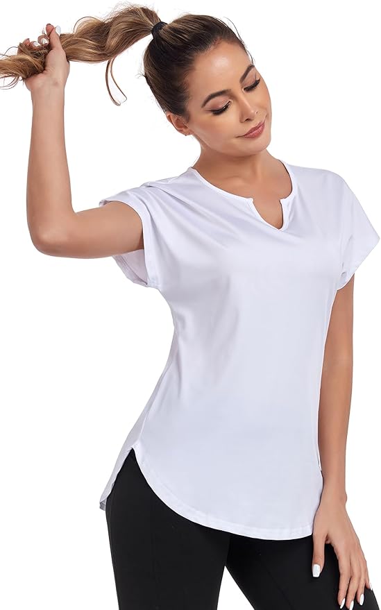 Women's Short Sleeve Workout Shirts V Neck Exercise Yoga Basic Top Quick Dry Side Split